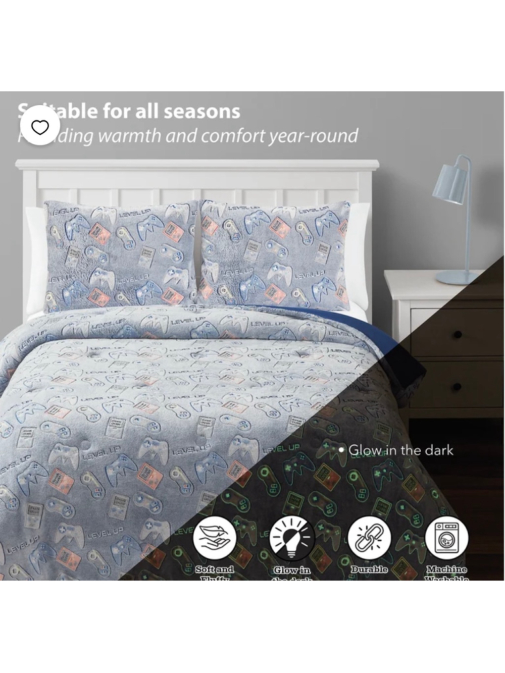 NEW Gamer Comforter Set Full Blue Grey Glow-in-the-Dark
